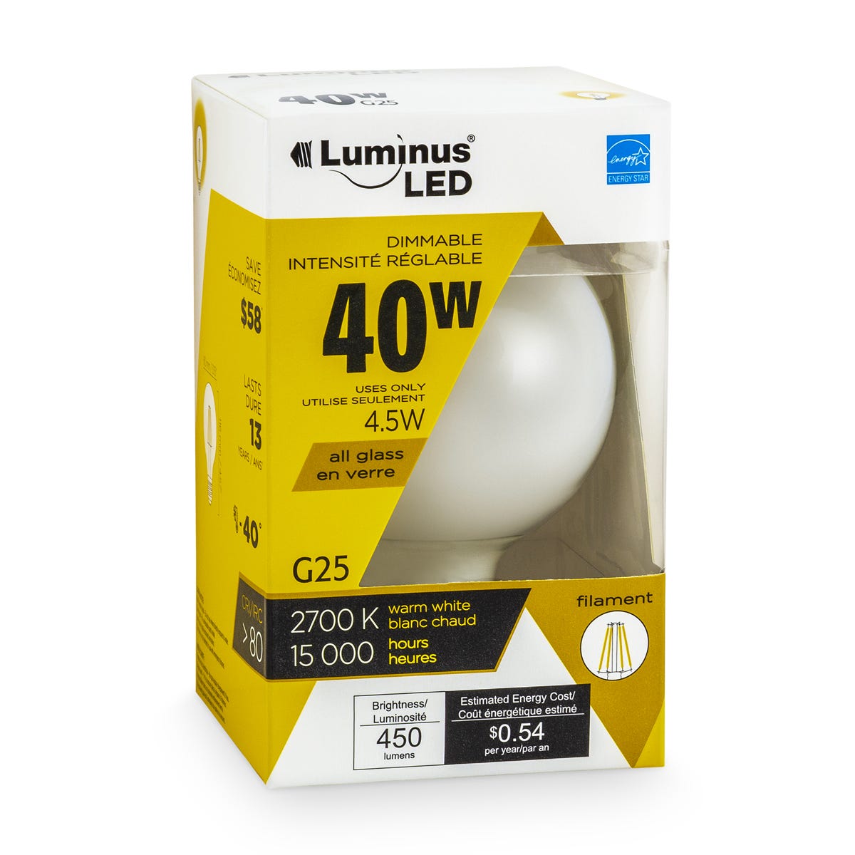 LED Filament Bulb, G25, 4.5W, 2700K