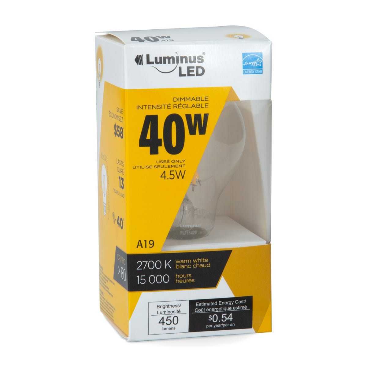 Dimmable LED Bulb, A19, 4.5W, 2700K