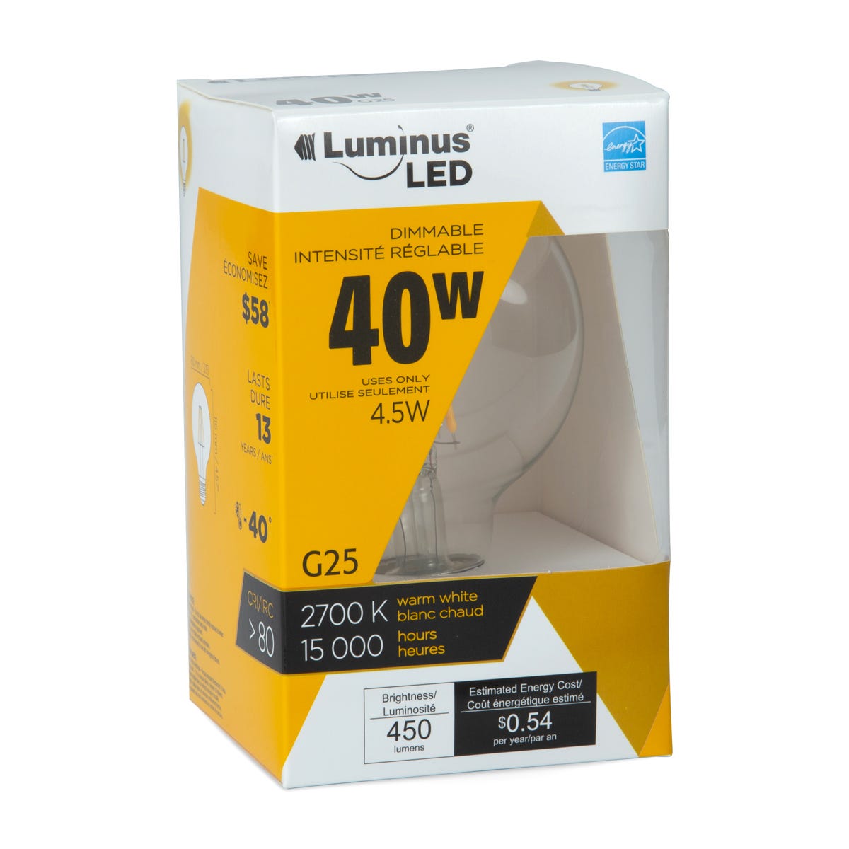 LED Filament Bulb, G25, 4.5W, 2700K