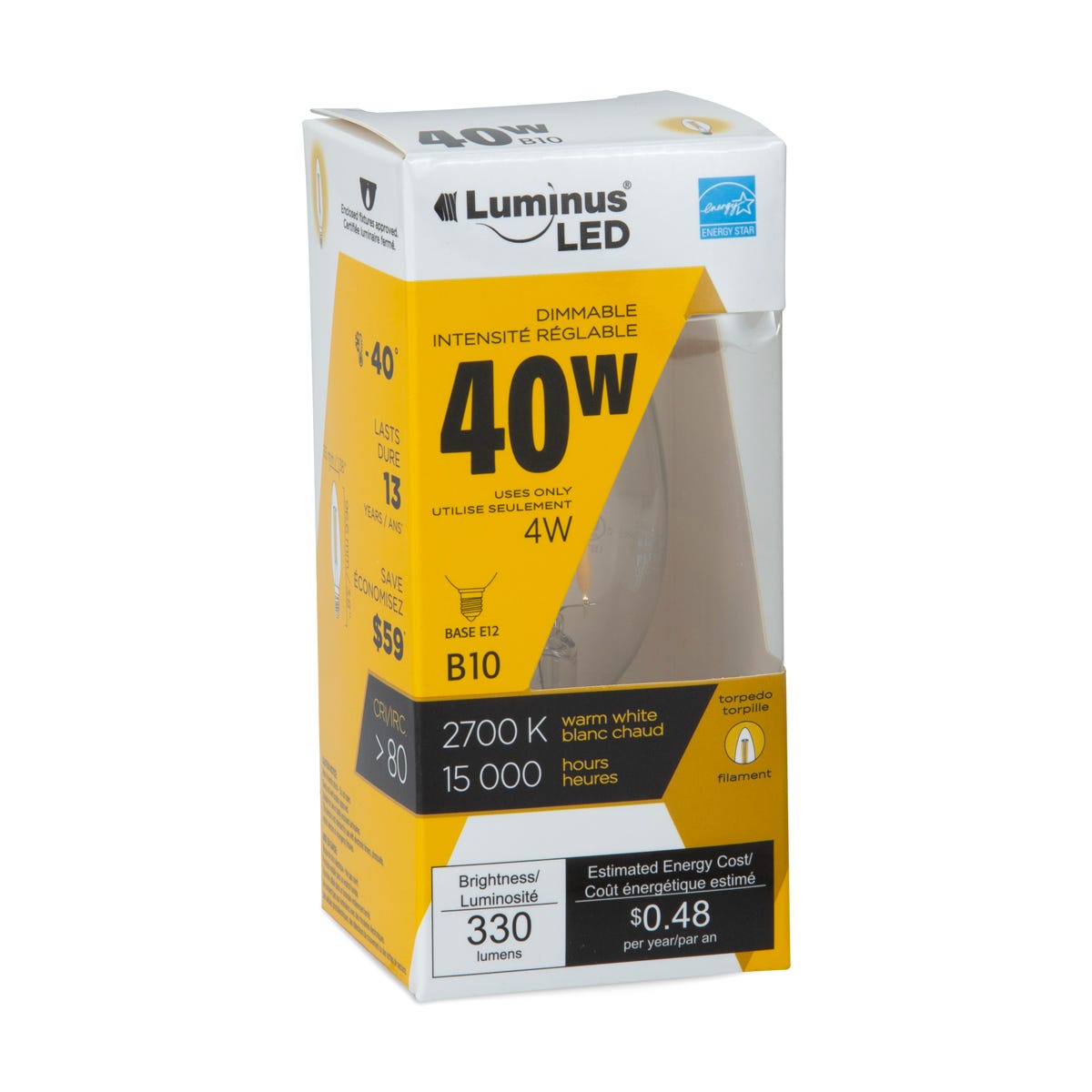 LED Filament Bulb, B10, E12, 4W, 2700K