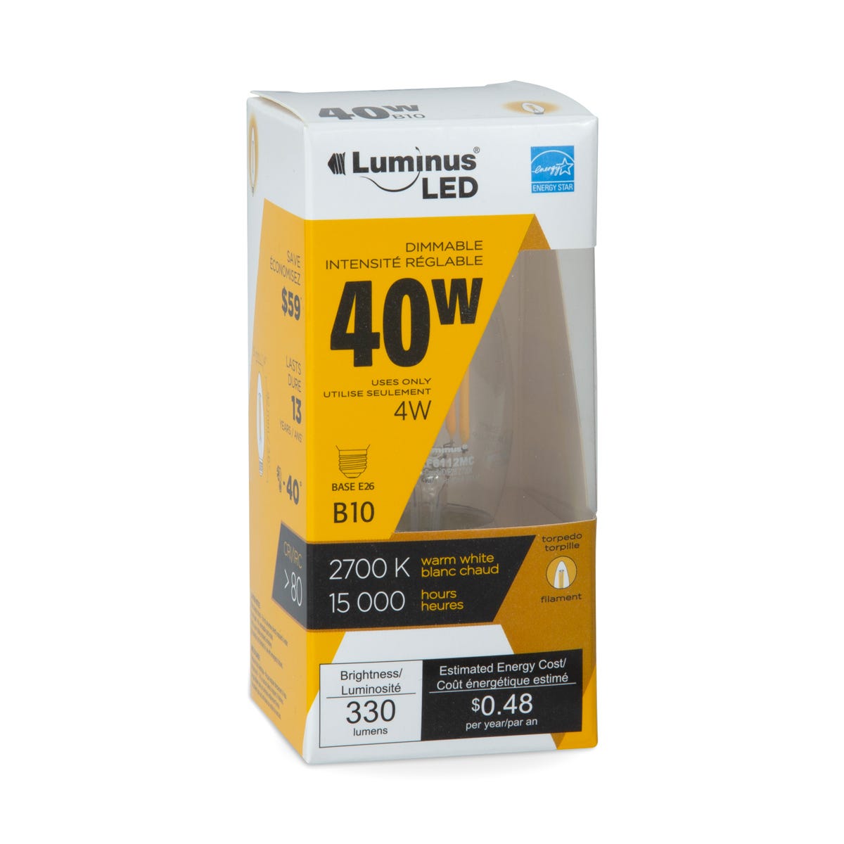 LED Filament Bulb, B10, E26, 4W, 2700K