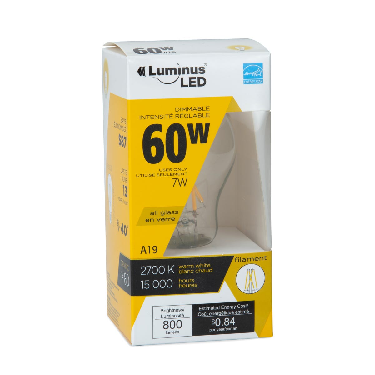 LED Filament Bulb, A19, 7W, 2700K