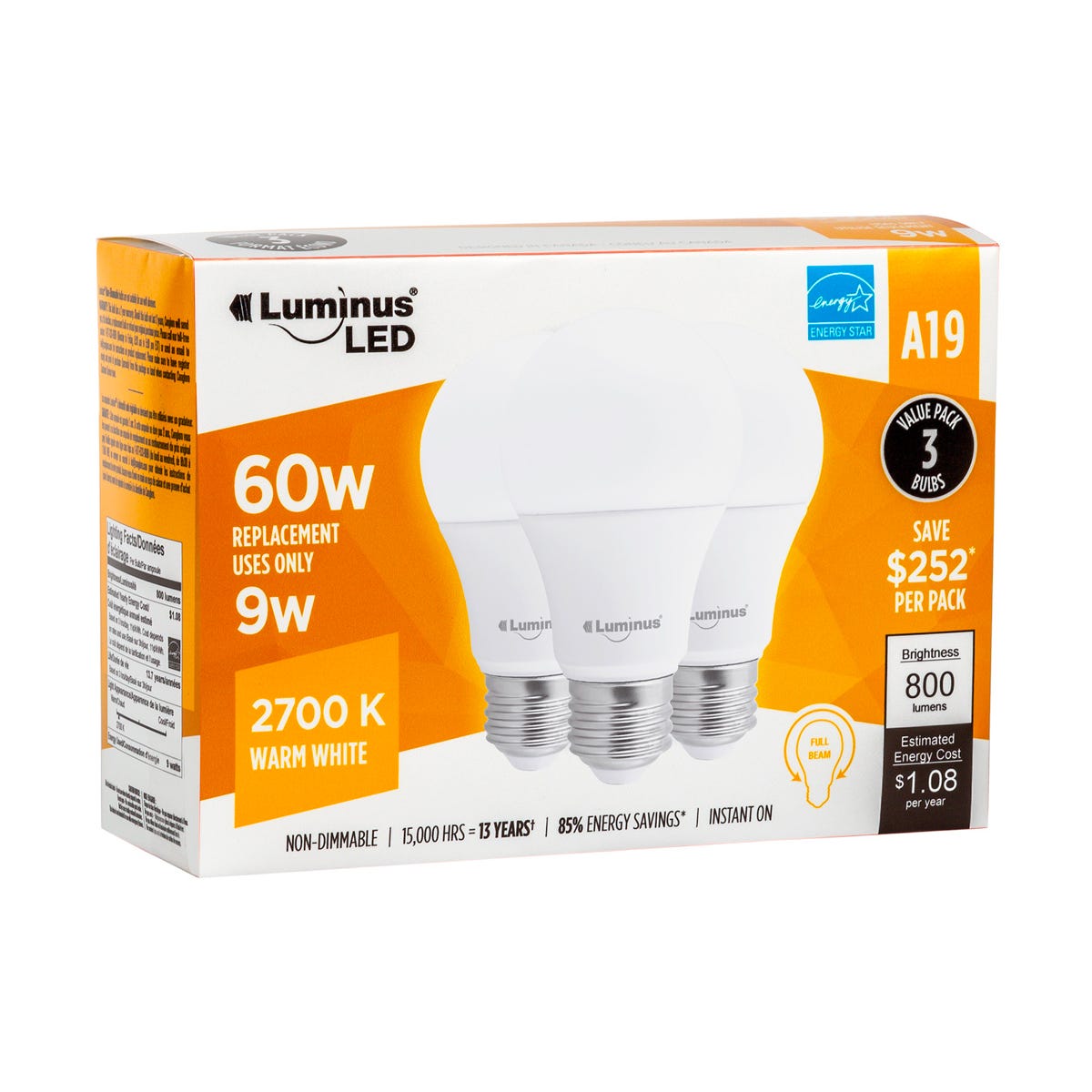 LED Bulb, A19, 60W, 2700K, 3/Pack