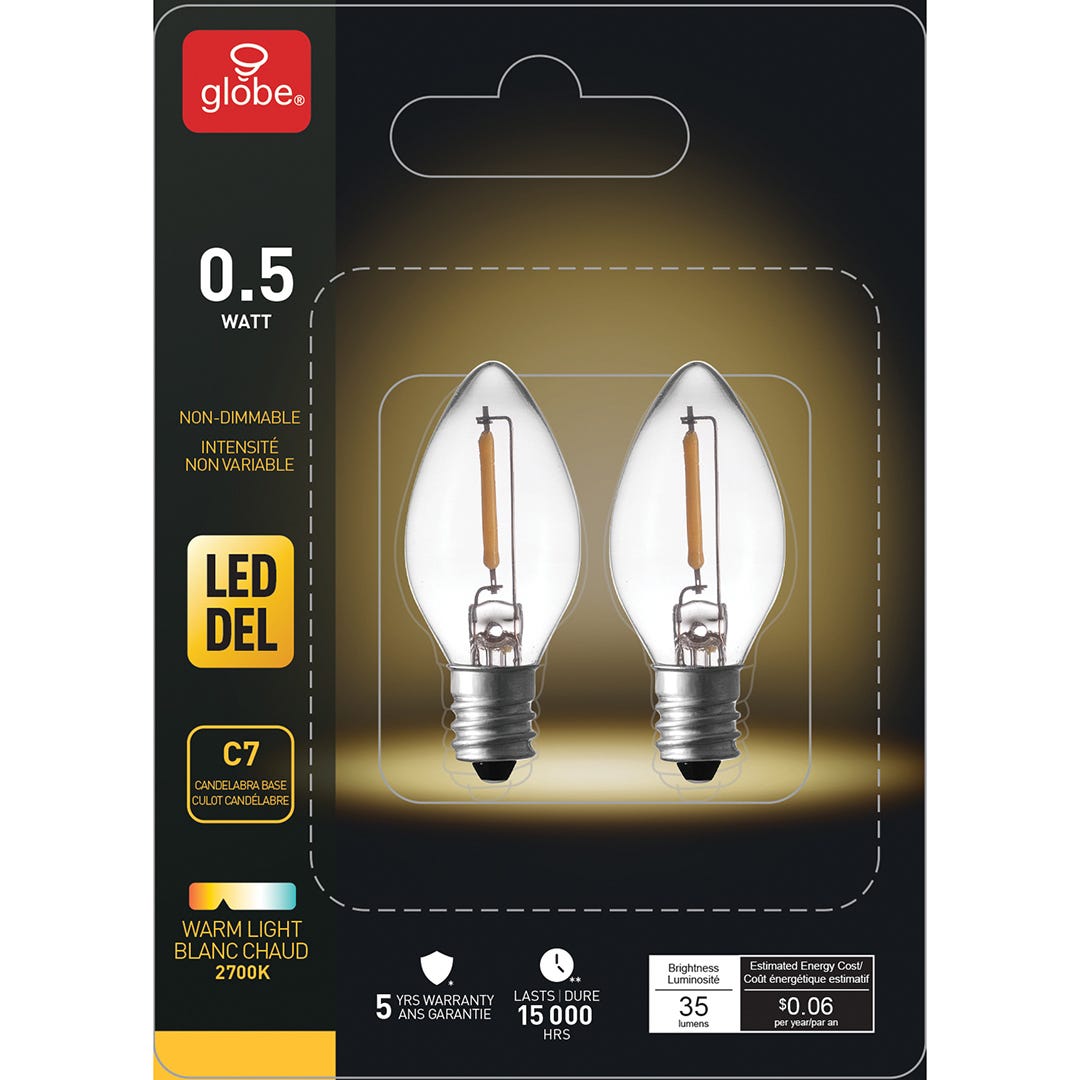 LED Night Light Bulb, C7, 0.5W, 2700K, 2/Pack