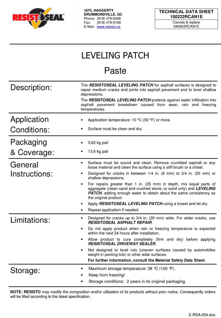 Levelling patch paste