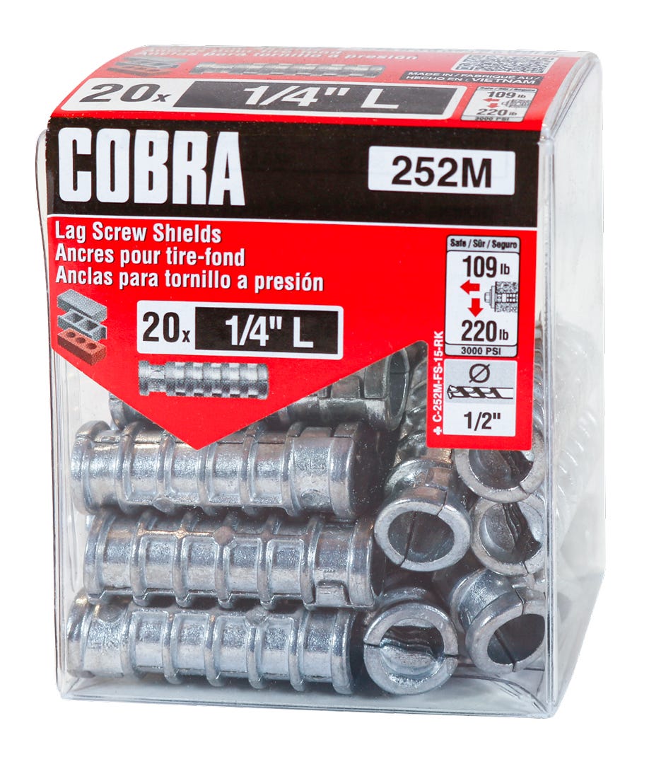 Masonry Lag Scews Anchor, 1/4 in. L, without Bolt, 20/Pack