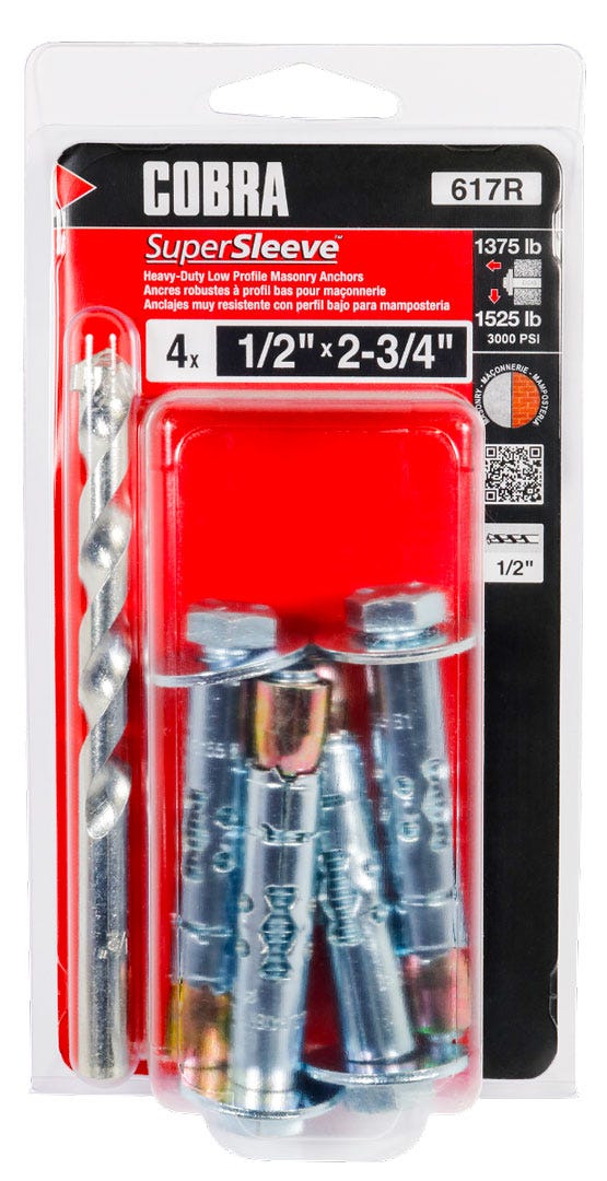 Masonry Removable/Reusable Anchor, 1/2 in. x 2-3/4 in. + Foret, 4/Pack