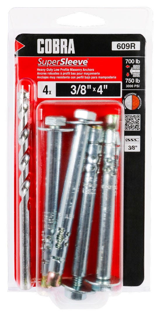 Masonry Removable/Reusable Anchor, 3/8 in. x 4 in.+ Foret, 4/Pack