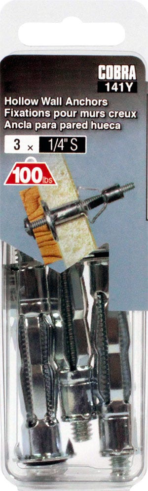 Anchor for Hollow Walls, 1/4 in. S - 1/8 in. to 5/8 in., 3/Pack