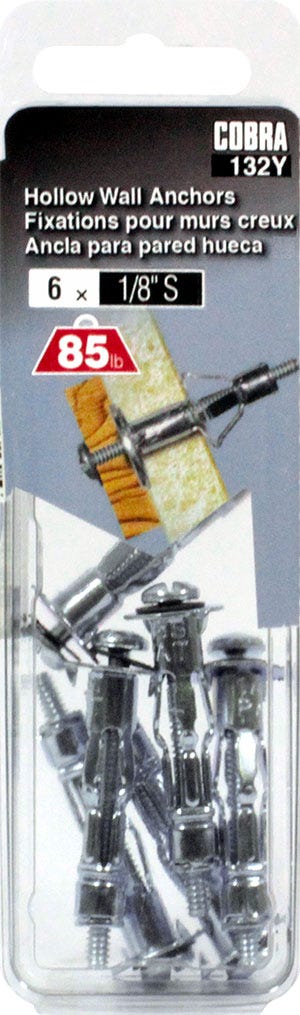 Anchor for Hollow Walls, 1/8 in. S - 1/8 in. to 1/2 in., 6/Pack