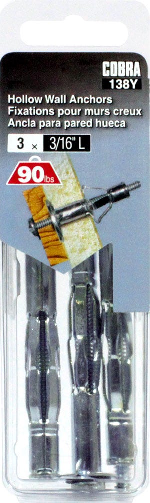Anchor for Hollow Walls, 3/16 in. L - 5/8 in. to 1-3/16 in., 3/Pack