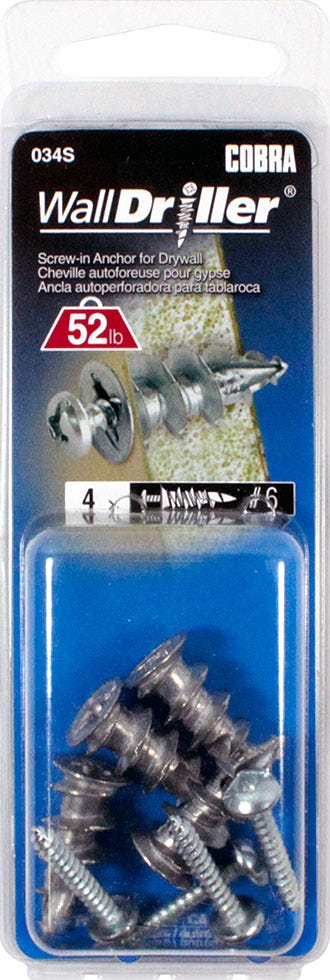 WALLDRILLER Drywall Anchor, #6, + Screws x 7/8 in., 4/Pack