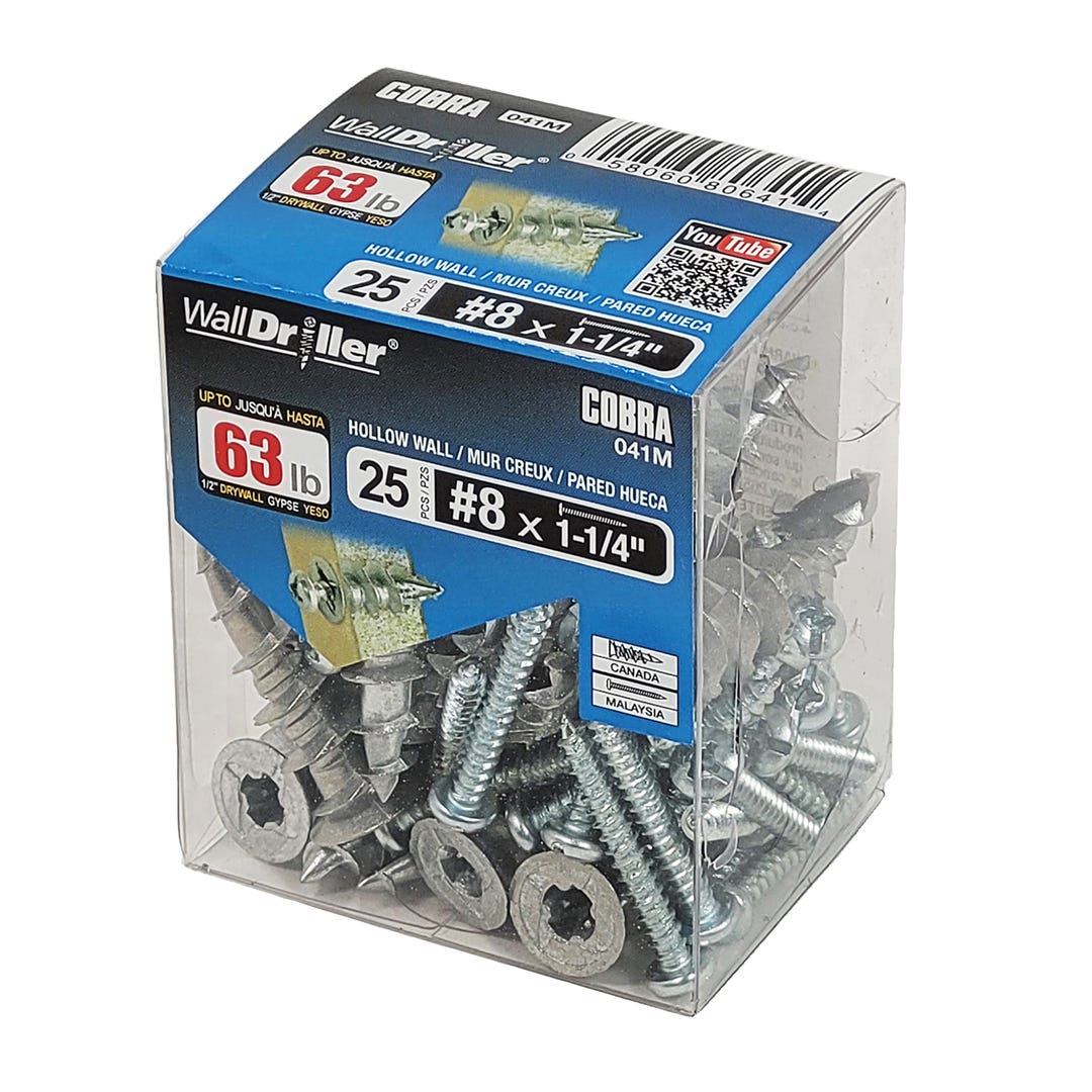 WALLDRILLER Drywall Anchor, #8L, + Screws x 1-1/4 in., 25/Pack