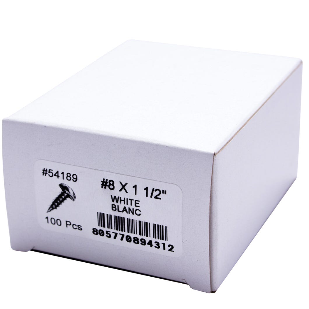 Metal Screw Pan Head, #8, White, 1 1/2-in., 100/Pack