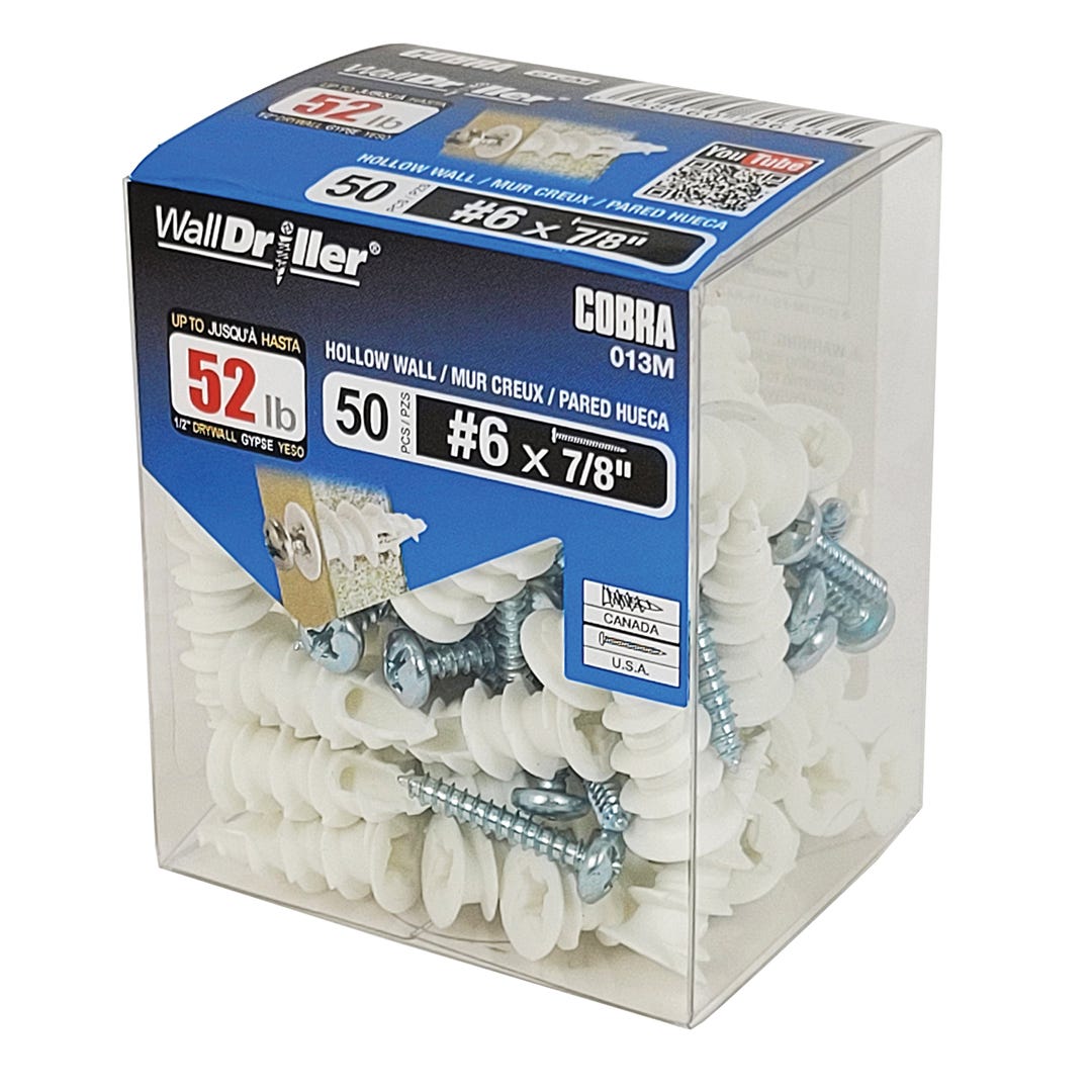 WALLDRILLER Drywall Anchor, #6, + Screws x 7/8 in., White, 50/Pack