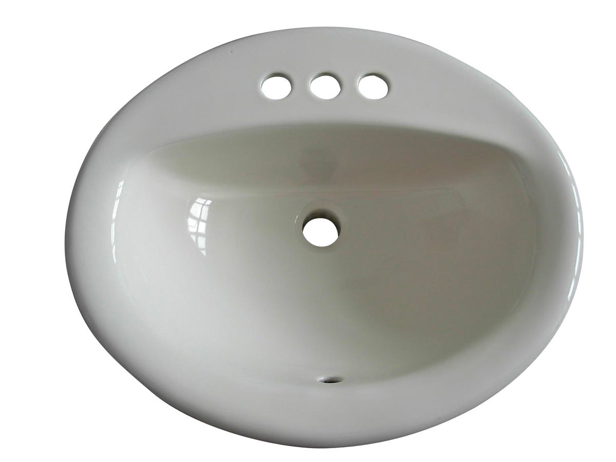Oval drop-in sink, 4'' center faucet hole, front overflow, faucet and drain not included.