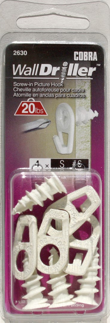 Screws-In Picture Hook, #6, White, 4/Pack