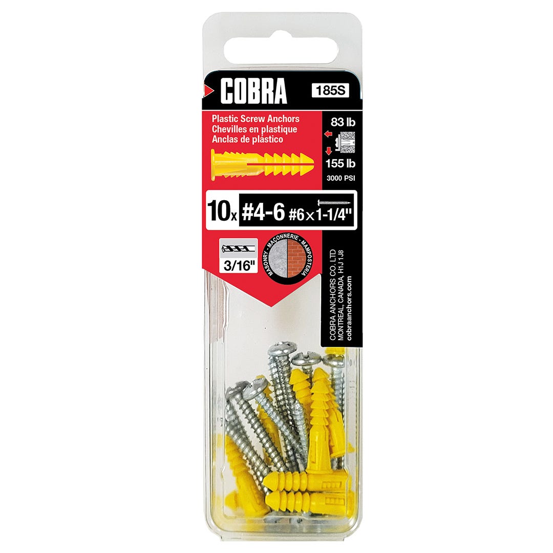 Plastic Anchor, #4 and #6, + Screws x 1-1/4 in., Yellow, 10/Pack
