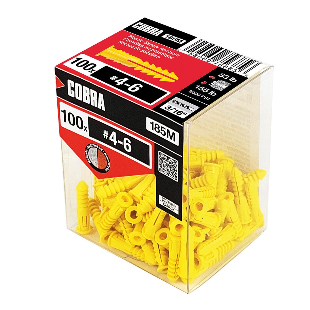 Plastic Anchor, #4 and #6, + Screws x 1-1/4 in., Yellow, 100/Pack