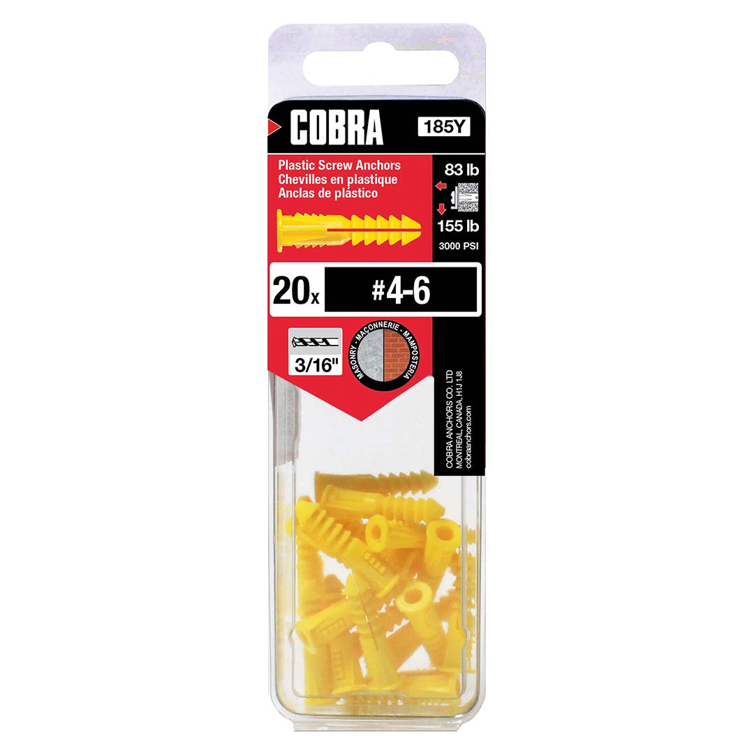 Plastic Anchor, #4 and #6, Without Screws, Yellow, 20/Pack