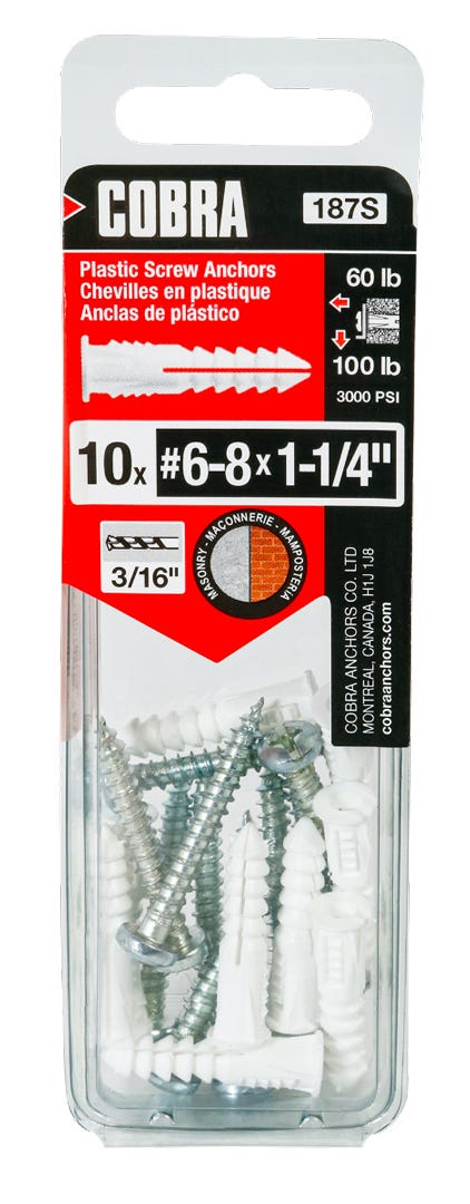 Plastic Anchor, #6 and #8, + Screws x 1-1/4 in., White, 10/Pack