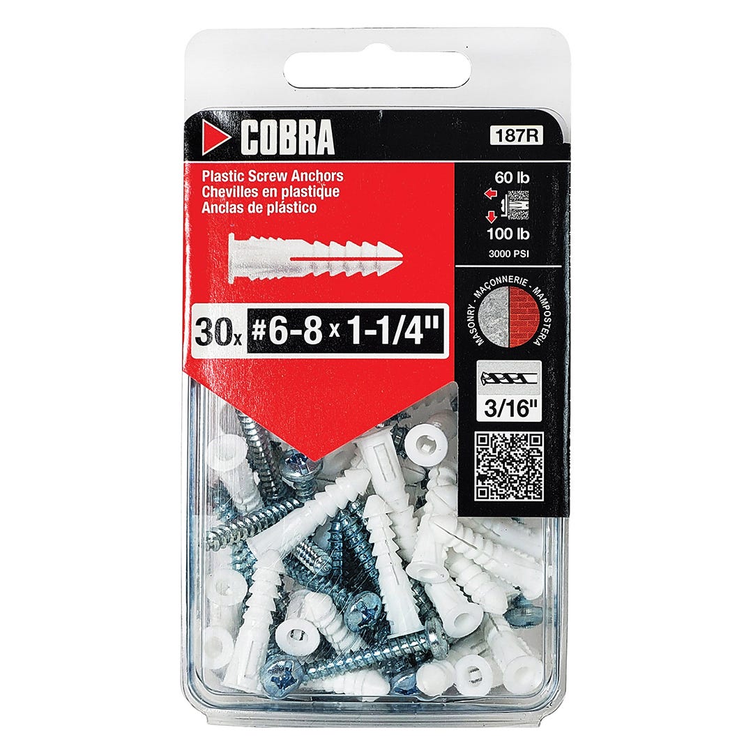 Plastic Anchor, #6 and #8, + Screws x 1-1/4 in., White, 30/Pack