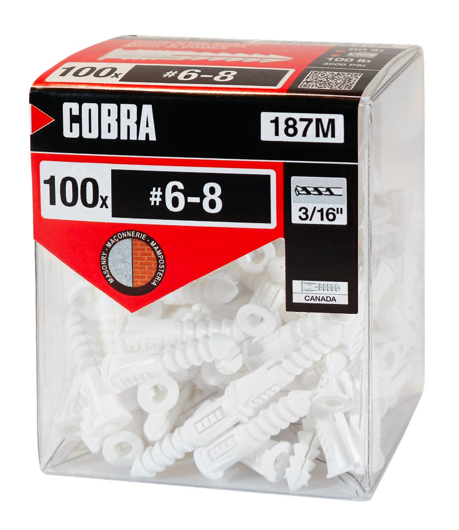 Plastic Anchor, #6 and #8, + Screws x 1-1/4 in., White, 100/Pack