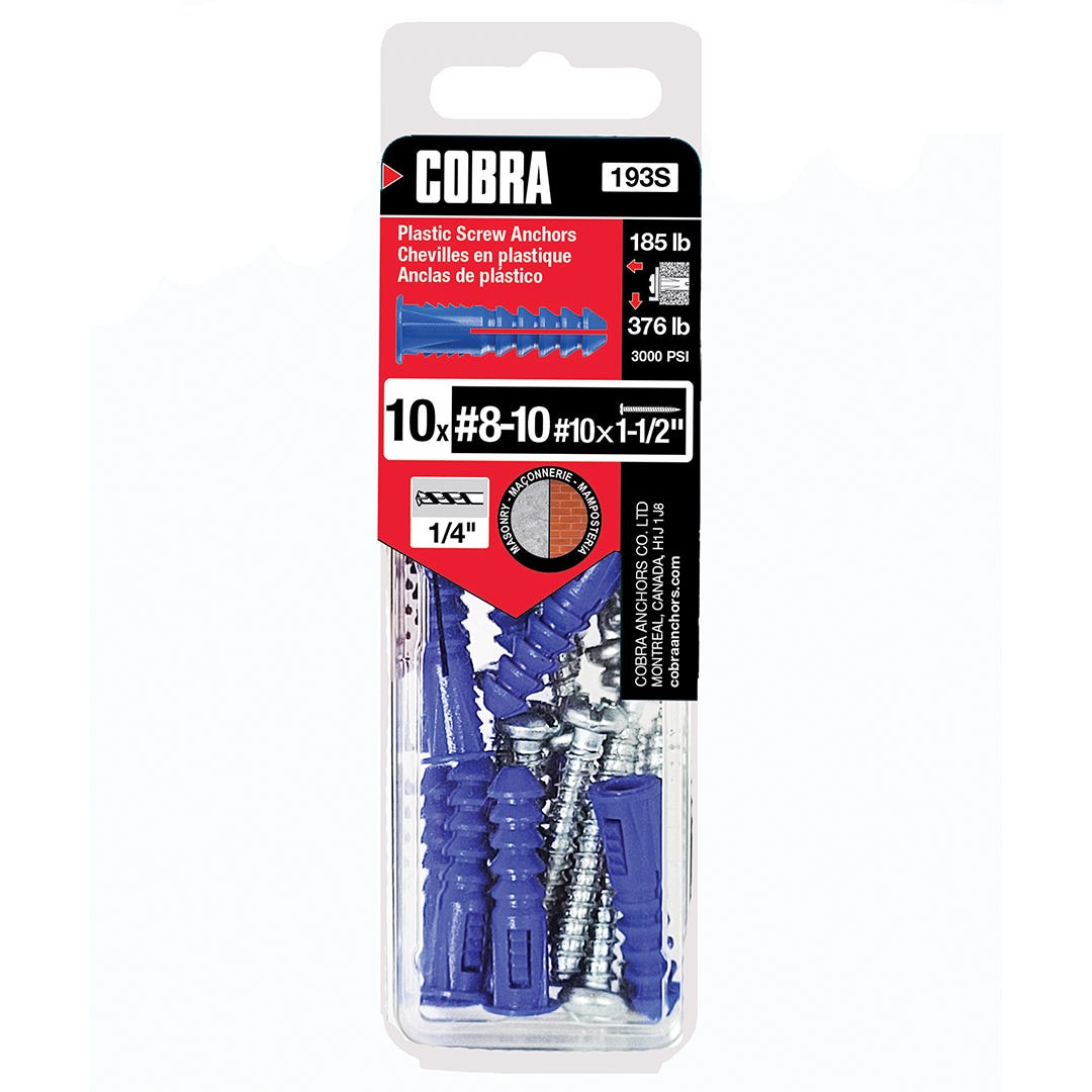 Plastic Anchor, #8 and #10, + Screws x 1-1/2 in., Blue, 10/Pack