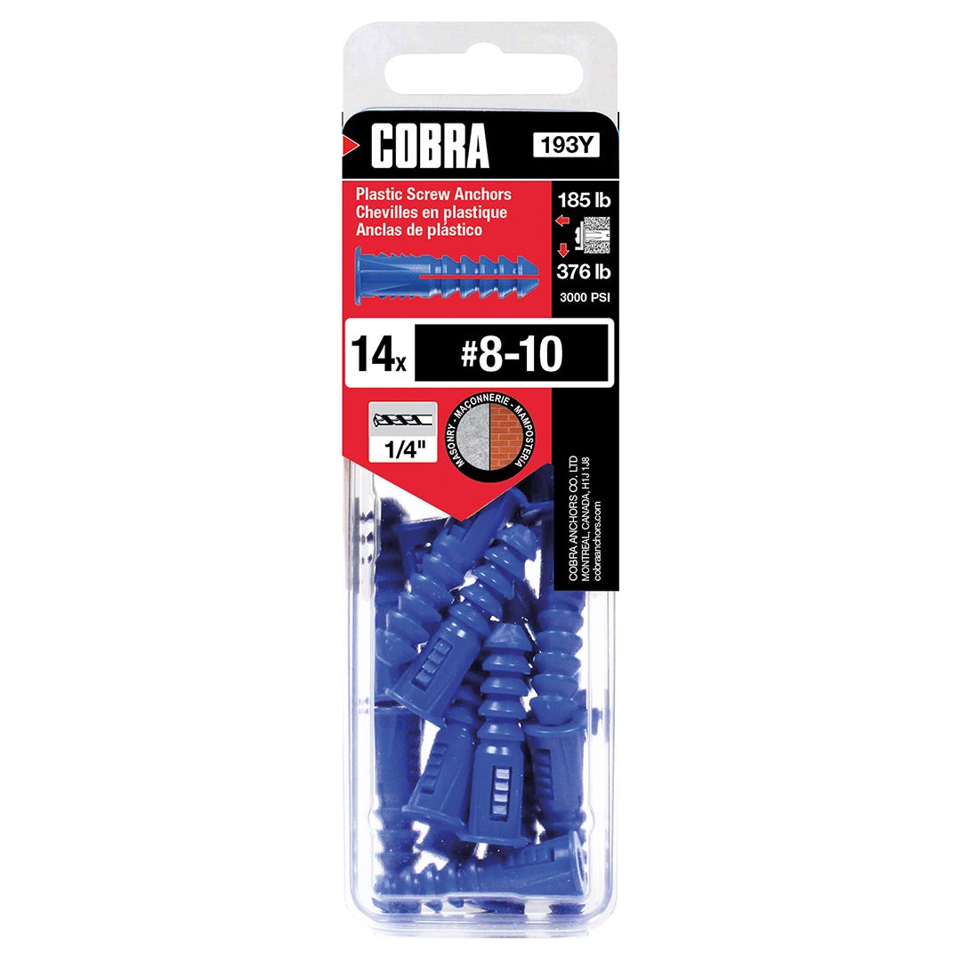 Plastic Anchor, #8 and #10, + Screws x 1-1/2 in., Blue, 14/Pack