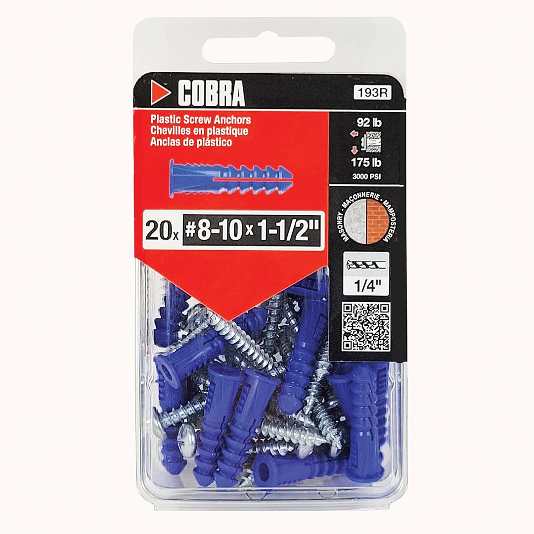 Plastic Anchor, #8 and #10, + Screws x 1-1/2 in., Blue, 20/Pack