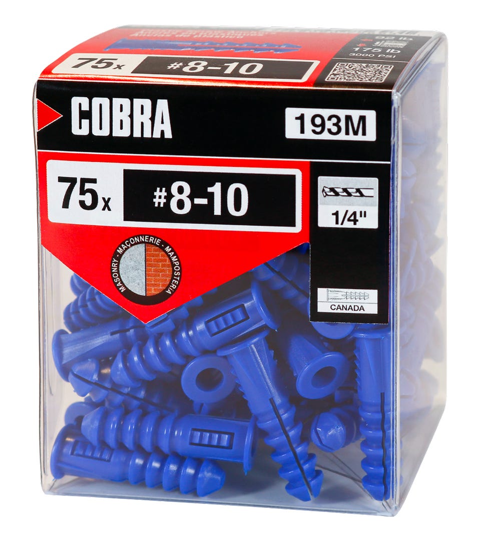 Plastic Anchor, #8 and #10, + Screws x 1-1/2 in., Blue, 75/Pack