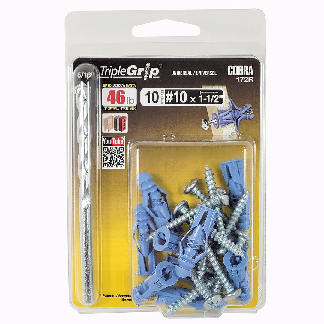 Plastic Anchor Universal, #10, + Screws x 1-1/2 in. with Bit, Blue, 10/Pack