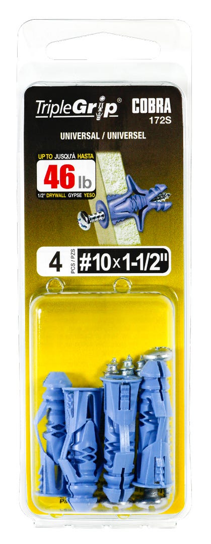Plastic Anchor Universal, #10, + Screws x 1-1/2 in., Blue, 4/Pack