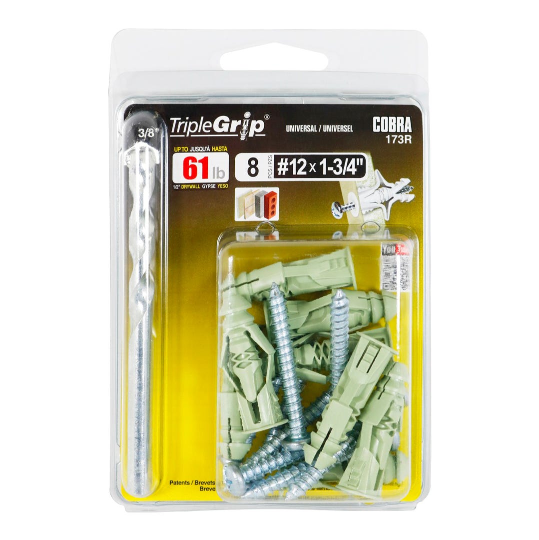 Plastic Anchor Universal, #12, + Screws x 1-3/4 in. with Drill Bit, Green, 8/Pack