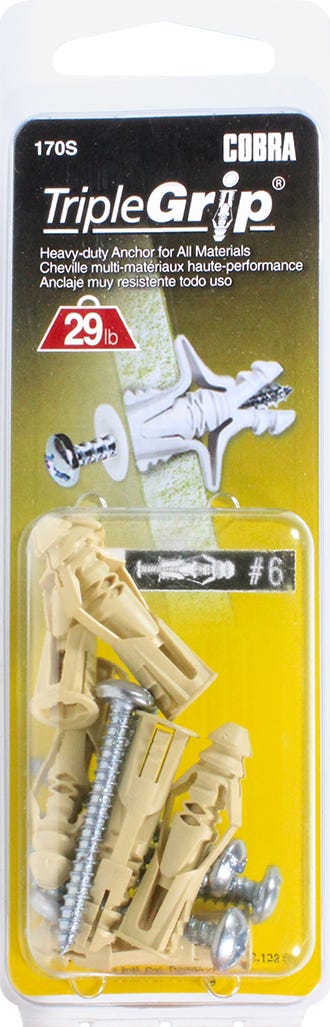 Plastic Anchor Universal, #6, + Screws x 1-1/4 in., Beige, 6/Pack