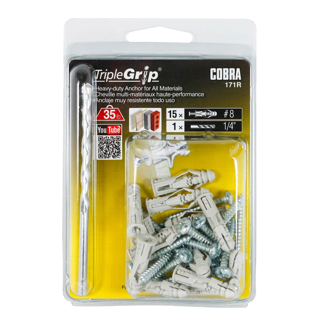 Plastic Anchor Universal, #8, + Screws x 1-1/4 in. with Drill Bit, Grey, 15/Pack
