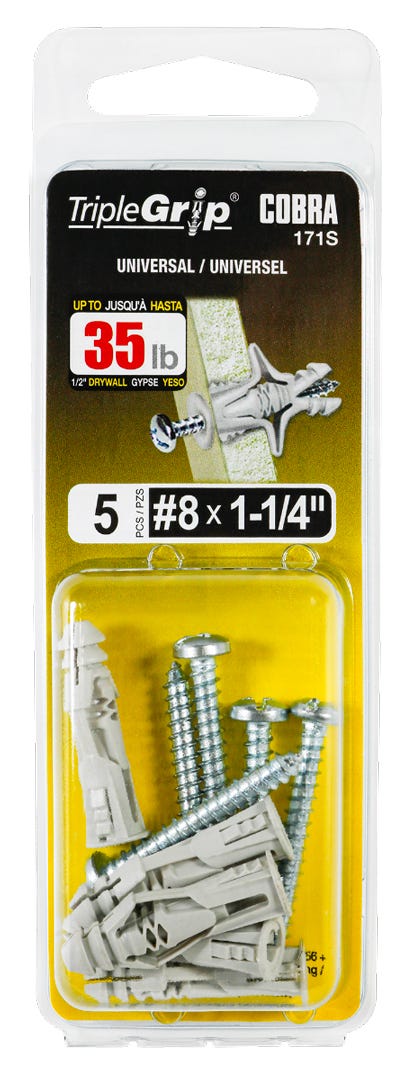 Plastic Anchor Universal, #8, + Screws x 1-1/4 in., Grey, 5/Pack