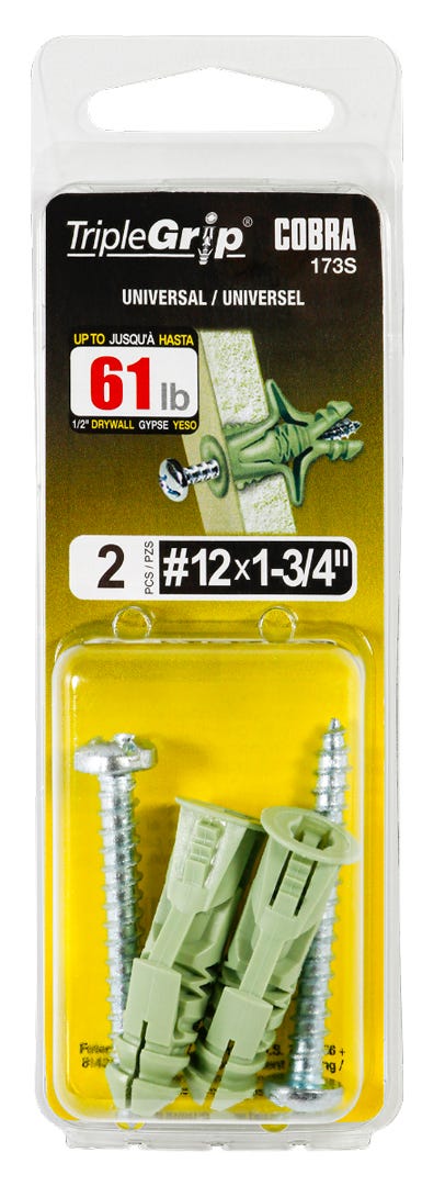 Plastic Anchor Universal, #12, + Screws x 1-3/4 in., Green, 2/Pack