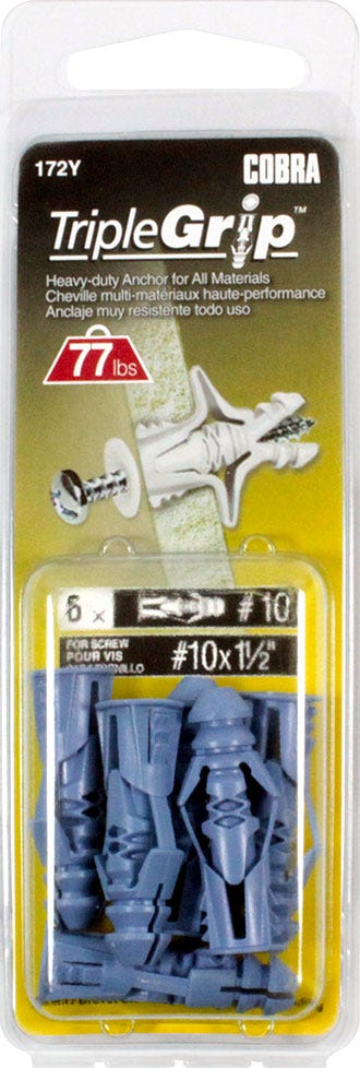 Plastic Anchor Universal, #10, Without Screws, Blue, 6/Pack