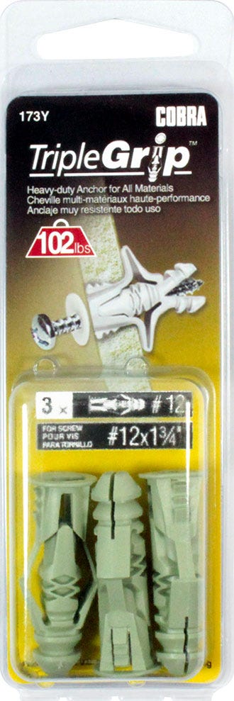 Plastic Anchor Universal, #12, Without Screws, Green, 3/Pack
