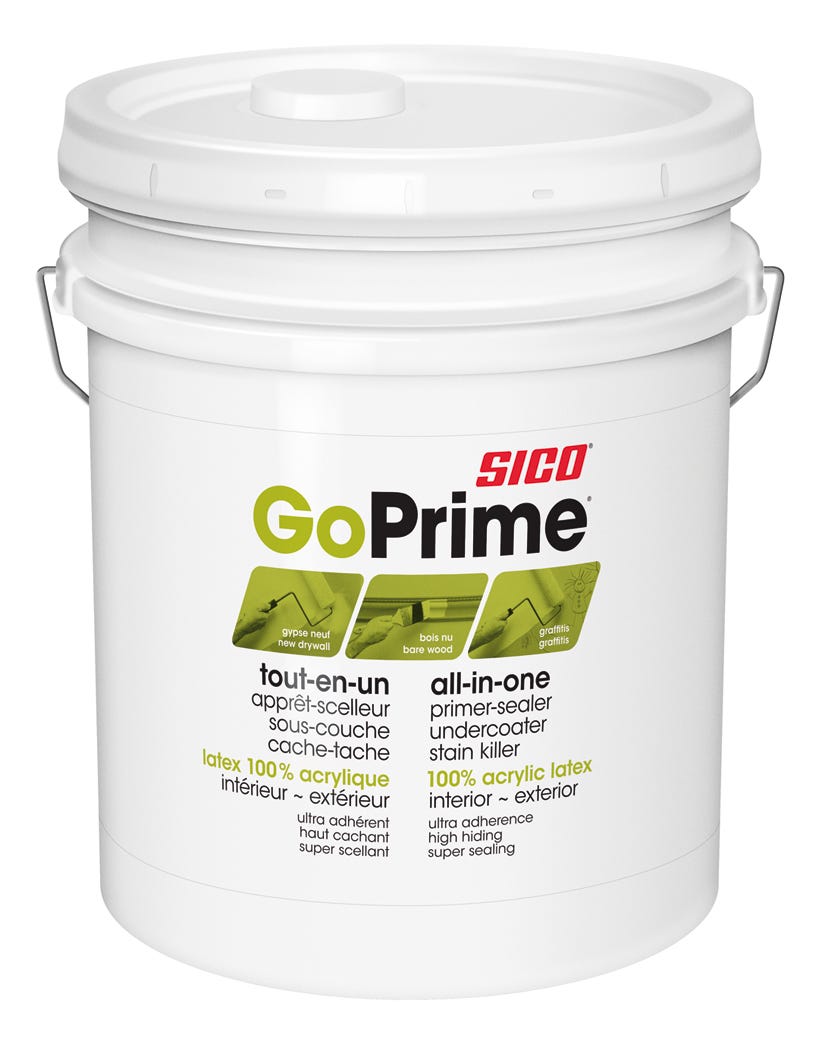 GO PRIME All-in-One Interior/Exterior Latex 100% Acrylic Sealer, Primer and Stain Blocker, White, 18.9 L