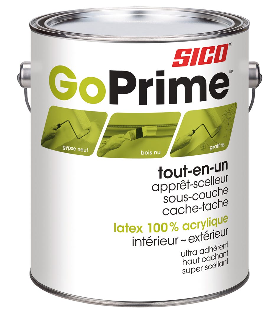 GO PRIME All-in-One Interior/Exterior Latex 100% Acrylic Sealer, Primer and Stain Blocker, White, 3.78 L