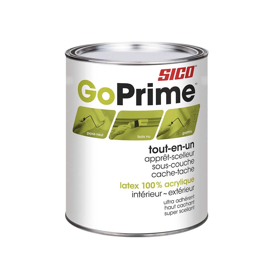 GO PRIME All-in-one Interior/Exterior 100% Acrylic Latex Sealer, Primer, Stain Blocker, White, 946 ml