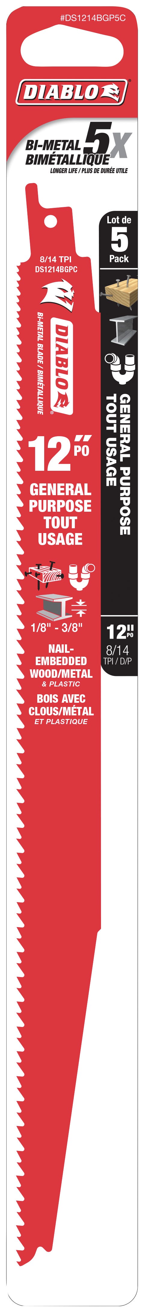 Reciprocating Blade for General Purpose 12-in. X 8/14-in., 5/Pack