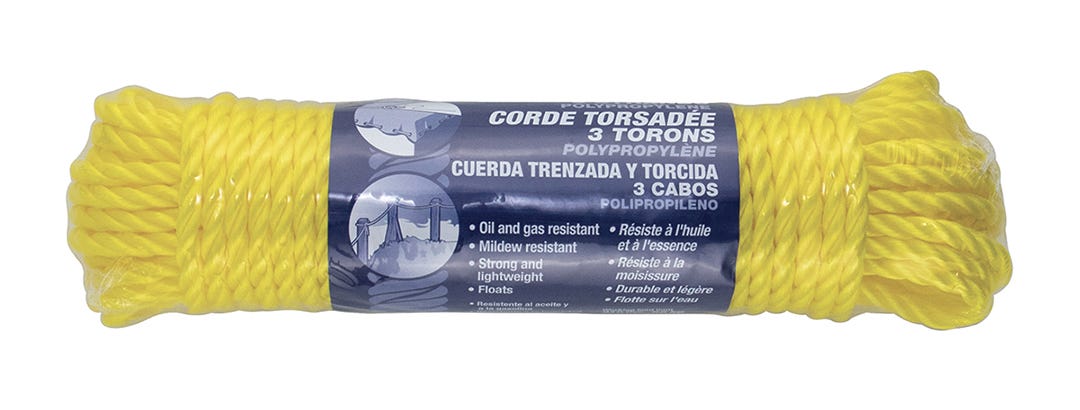 Rope 3 Strand Twisted Polypropylene, Jaune, 1/4 in. X 50 ft.