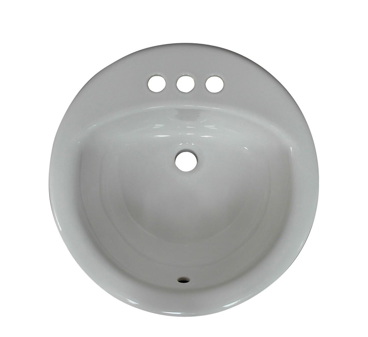 Round drop-in sink, 4"center faucet hole, front overflow, faucet and drain not included.