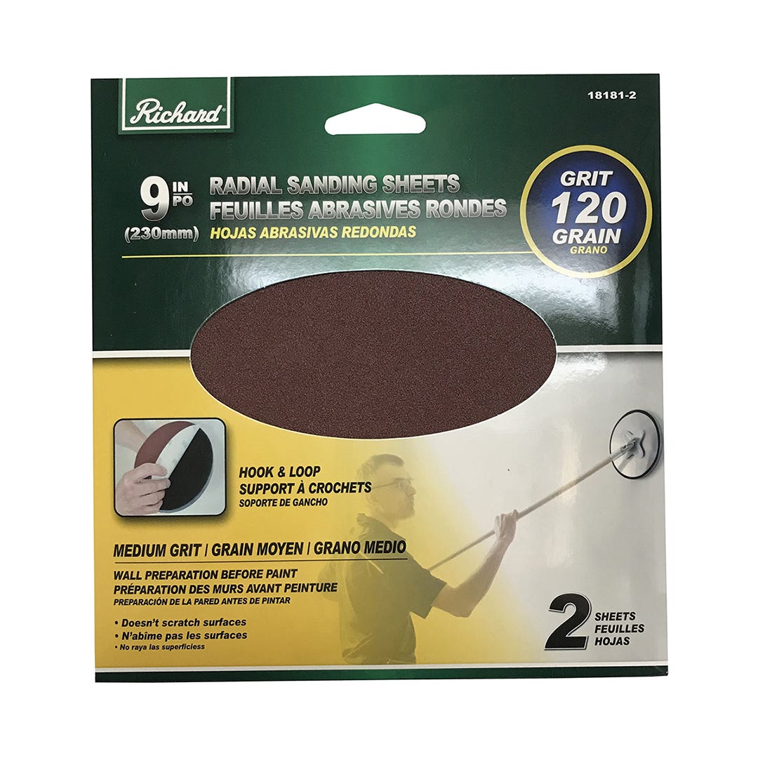 Round drywall sanding sheet with velcro backing, 9 in., GR 120, 2/ pack