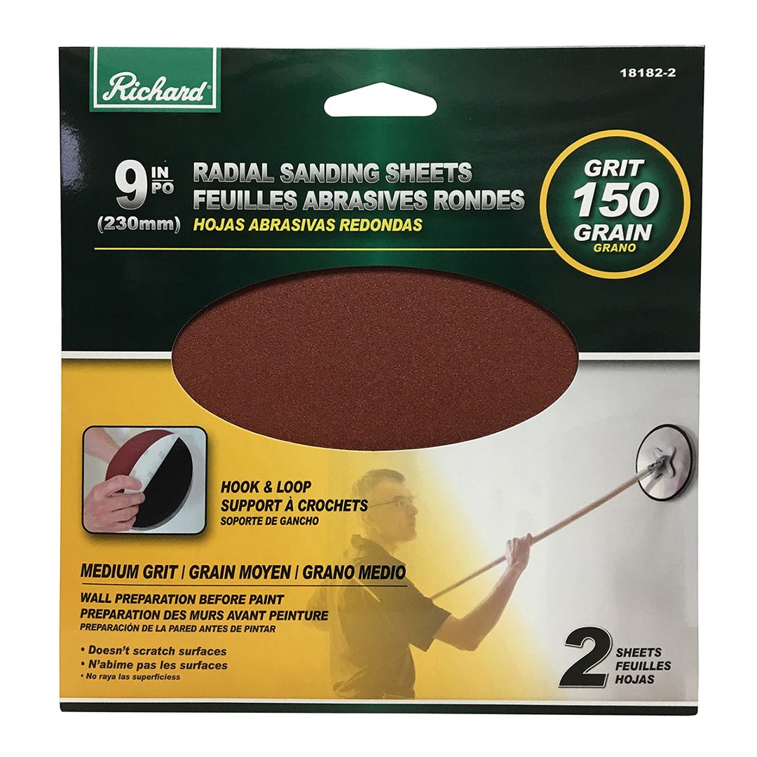 Round drywall sanding sheet with velcro backing, 9 in., GR 150, 2/Pack
