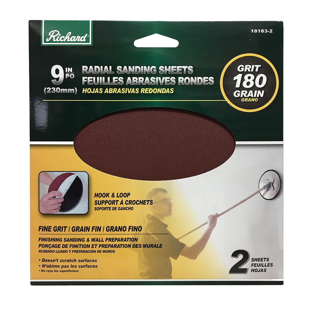 Round drywall sanding sheet with velcro backing, 9 in., GR 180, 2/Pack