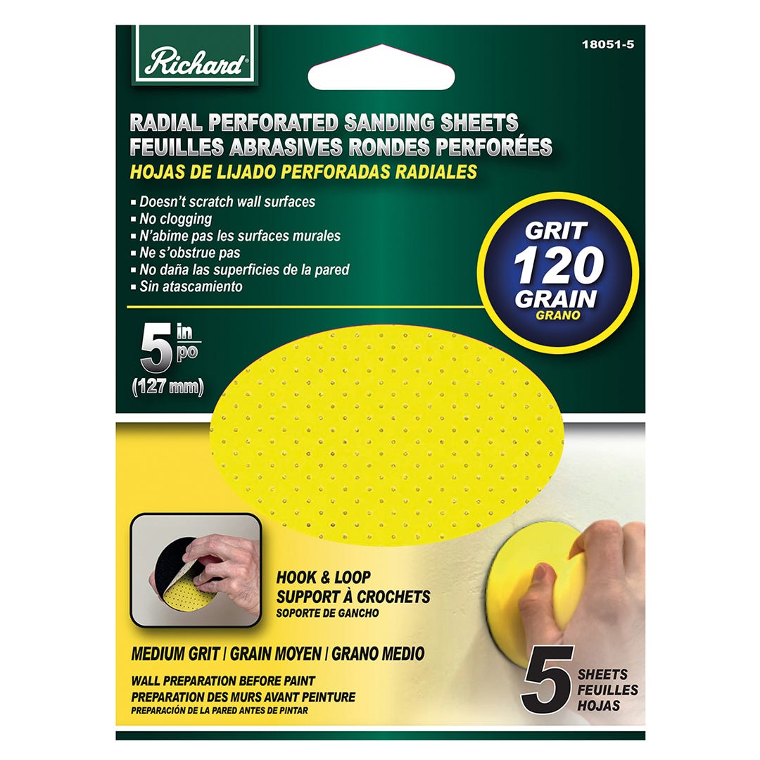 Round sanding sheet, perforated with velcro backing, 5 in. GR 120, 5/Pack